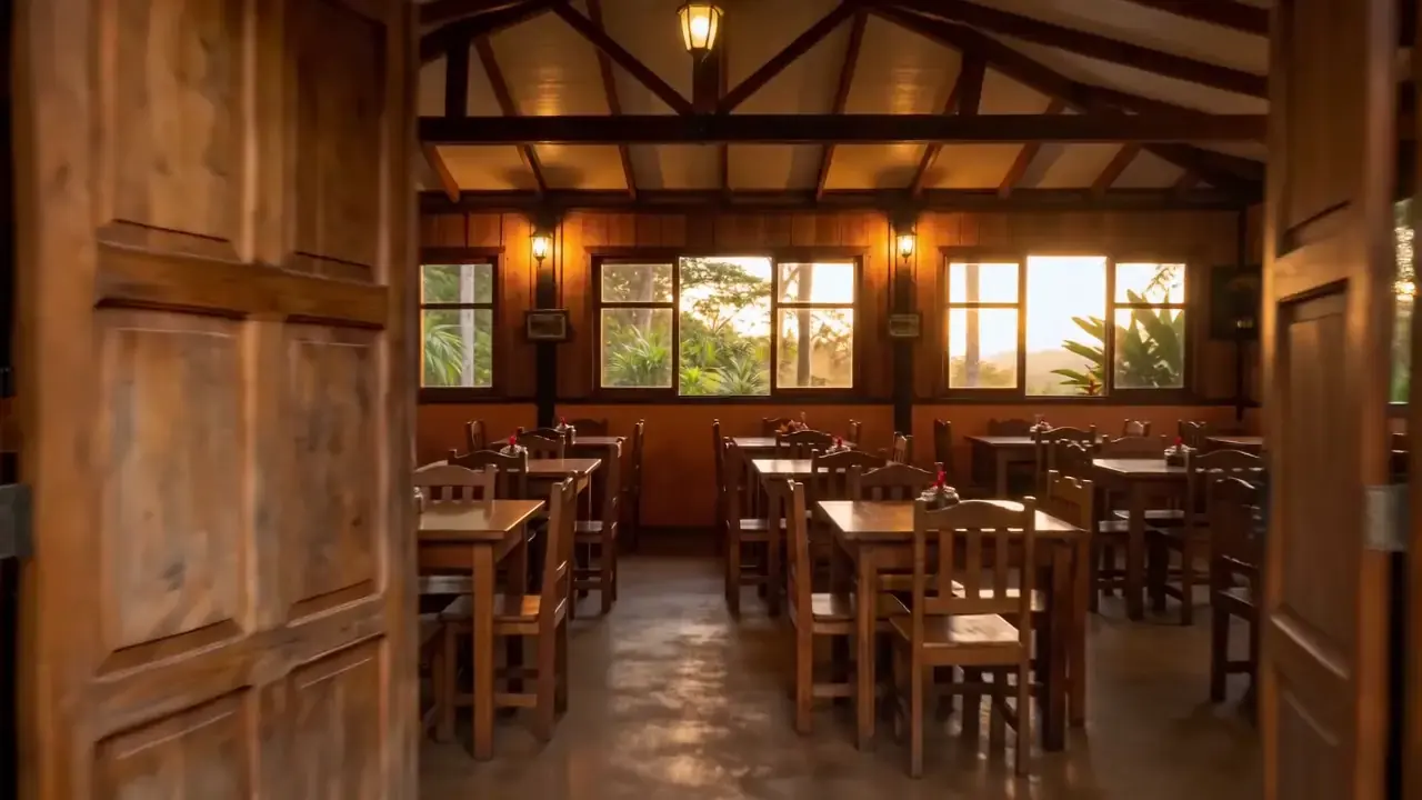 Comedor de madera con lámparas cálidas y ventanales