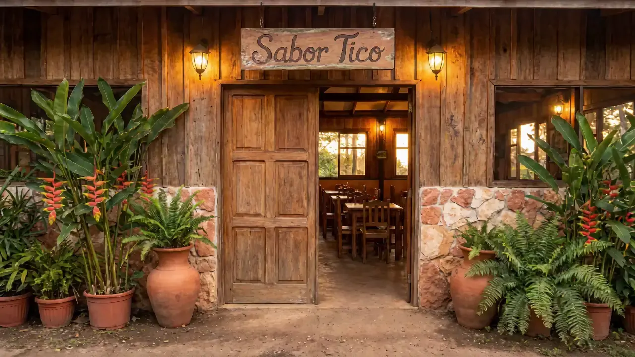 Fachada de madera del restaurante con plantas