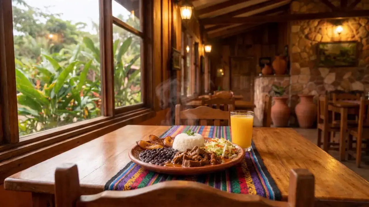 Mesa servida con casado y fresco natural junto a la ventana