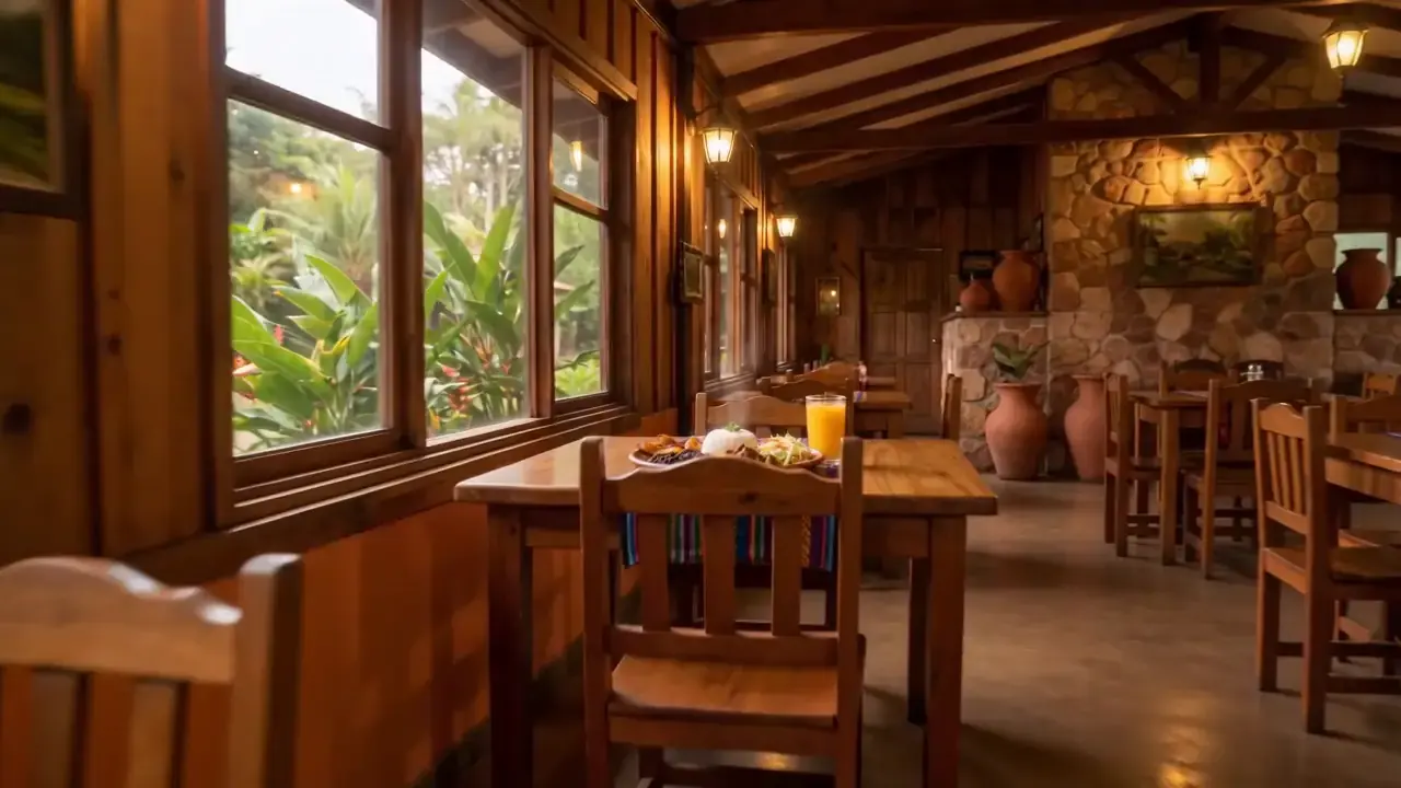Mesas junto a ventanas con vista al jardín tropical