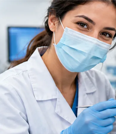 Doctora con mascarilla y guantes atendiendo
