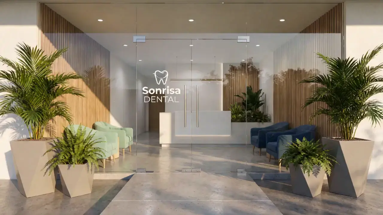 Recepción con sillones azules y plantas